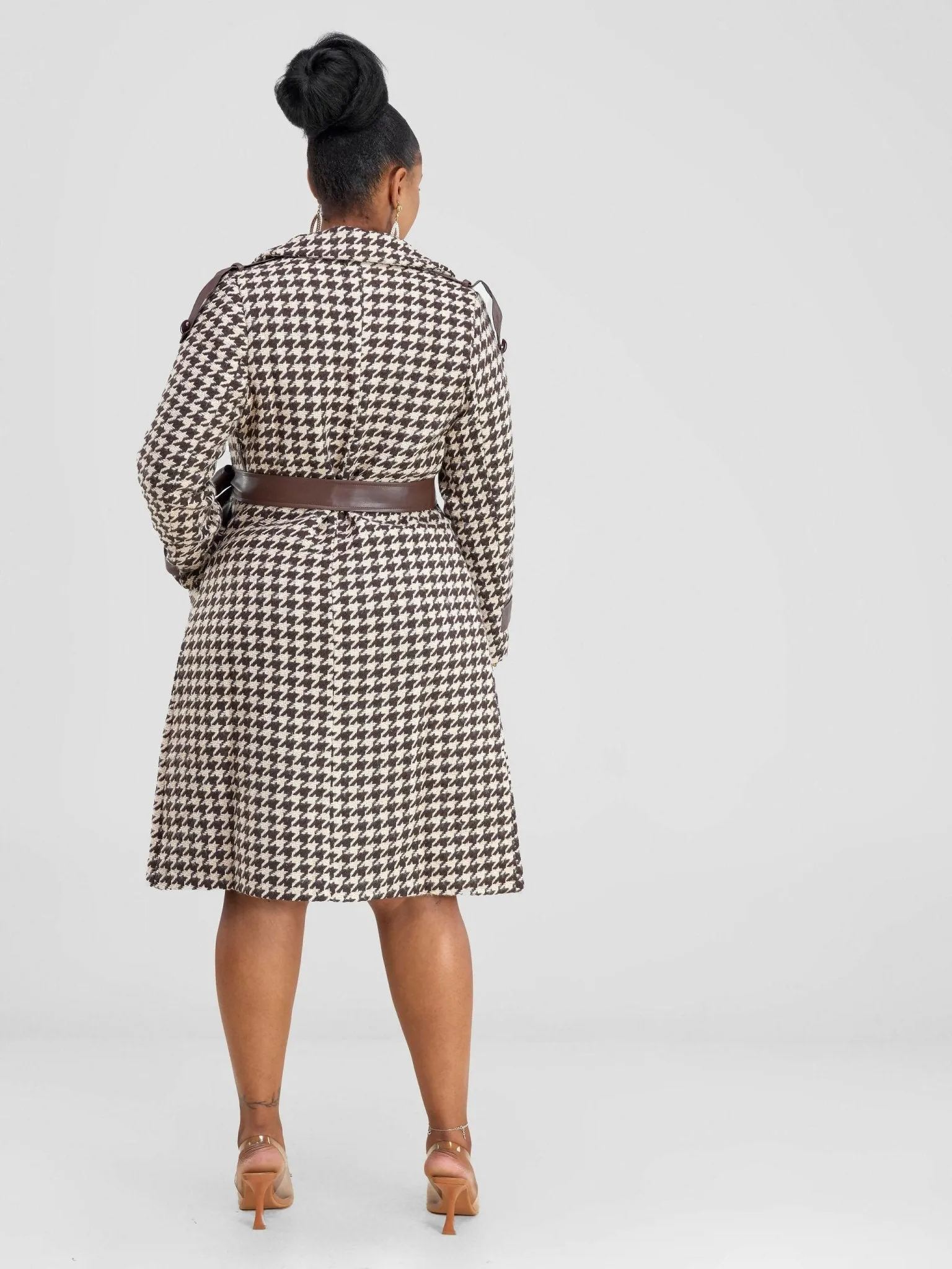 Stylish Sisters Houndstooth Trench-Coat Jacket - Brown / White