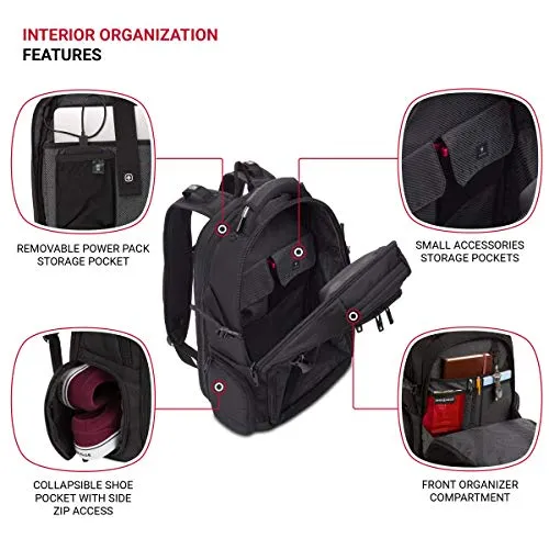 SwissGear 5358 ScanSmart Laptop Backpack, Fits 15 Inch Laptop, USB Charging Port (Black Stealth)