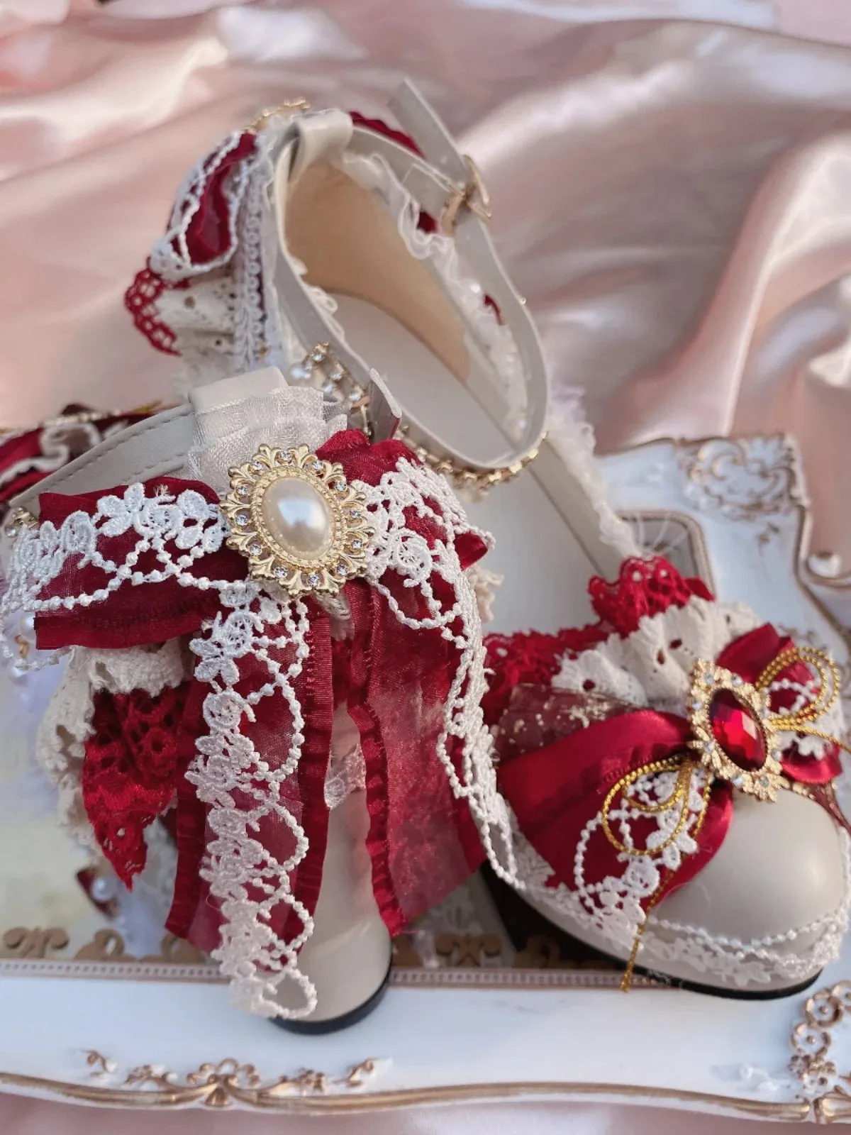 Uniwim Girl Lolita Handmade Red/white Flower Wedding High Heels Chinese Style Women's Tea Party Lo Handmade Stage Performance Shoes
