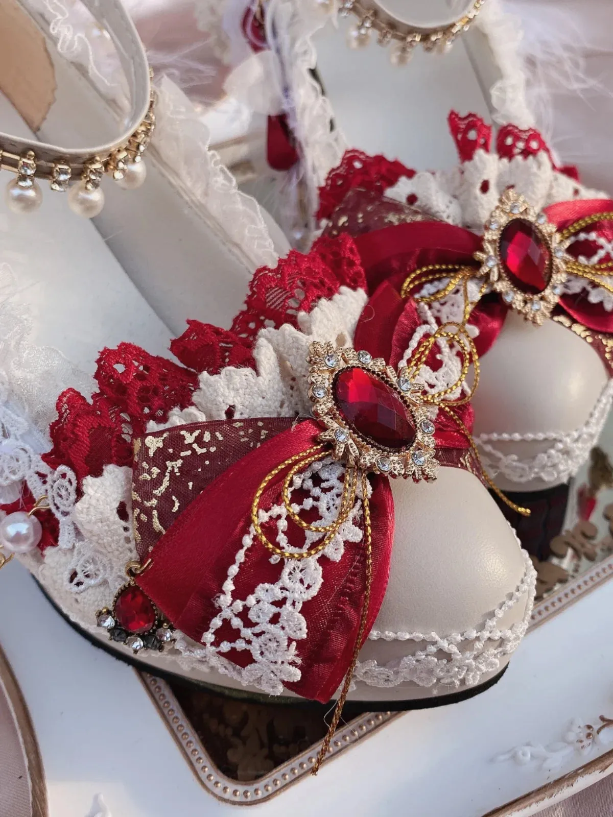 Uniwim Girl Lolita Handmade Red/white Flower Wedding High Heels Chinese Style Women's Tea Party Lo Handmade Stage Performance Shoes