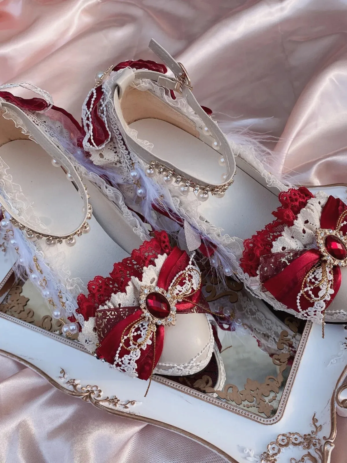 Uniwim Girl Lolita Handmade Red/white Flower Wedding High Heels Chinese Style Women's Tea Party Lo Handmade Stage Performance Shoes