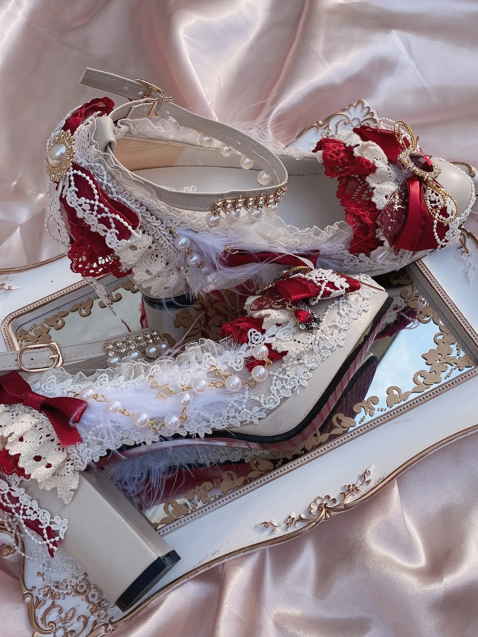 Uniwim Girl Lolita Handmade Red/white Flower Wedding High Heels Chinese Style Women's Tea Party Lo Handmade Stage Performance Shoes