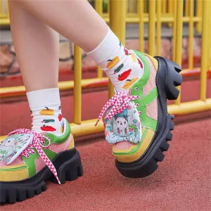 Uniwim Japanese Kawaii Girls Shoes Comfortable Round Head Thick Bottom Grid Cotton Doll Sweet Lacing Strap Pu Splicing 5.5cm Shoes