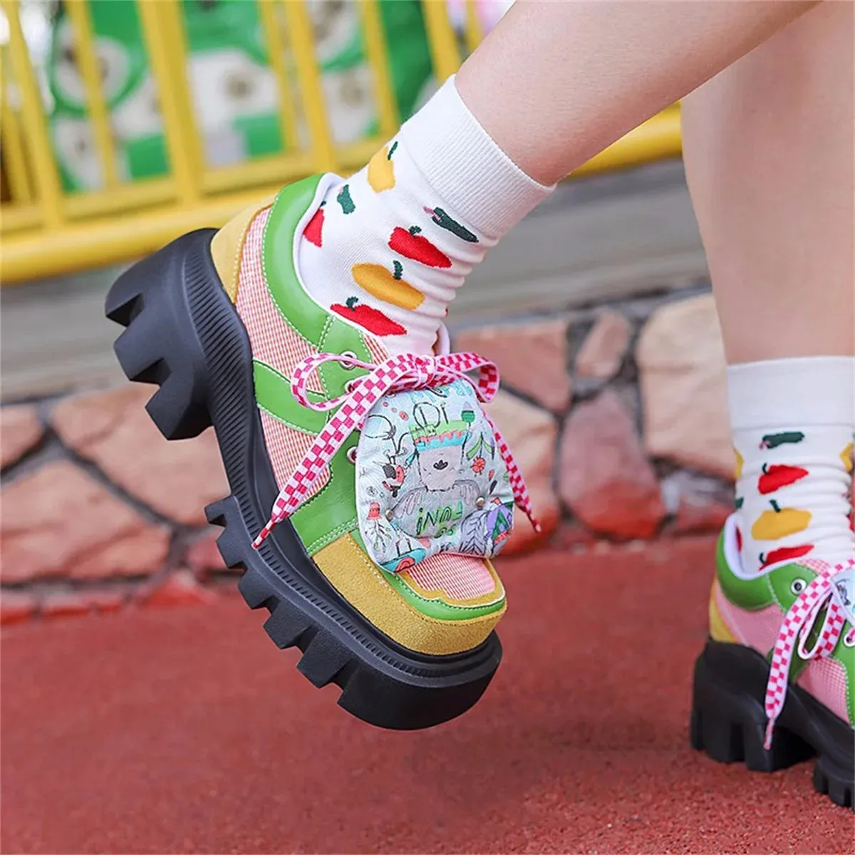 Uniwim Japanese Kawaii Girls Shoes Comfortable Round Head Thick Bottom Grid Cotton Doll Sweet Lacing Strap Pu Splicing 5.5cm Shoes