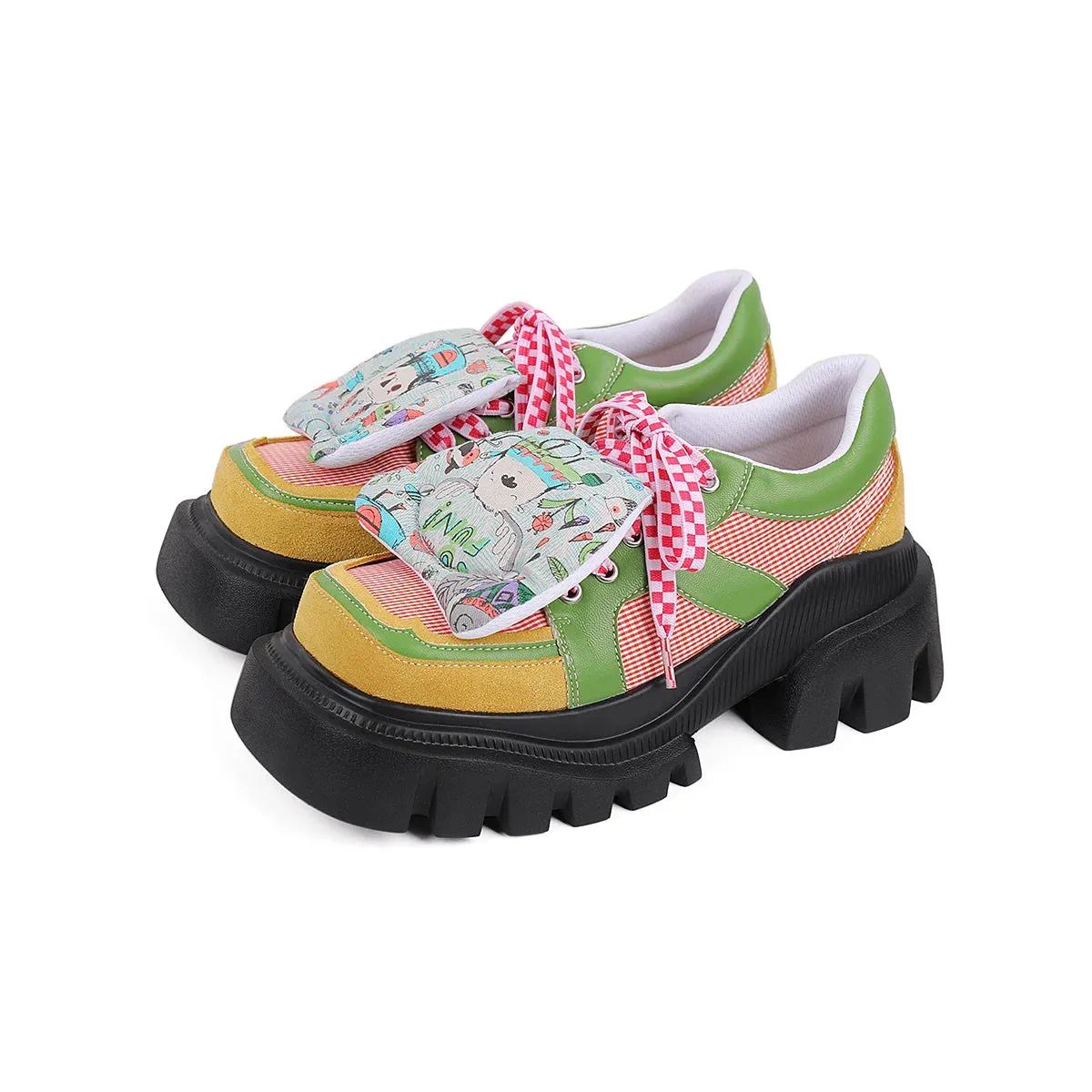 Uniwim Japanese Kawaii Girls Shoes Comfortable Round Head Thick Bottom Grid Cotton Doll Sweet Lacing Strap Pu Splicing 5.5cm Shoes